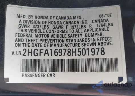 2008 Honda Civic Ex-L z USA, uszkodzony, nr VIN 2HGFA16978H501978